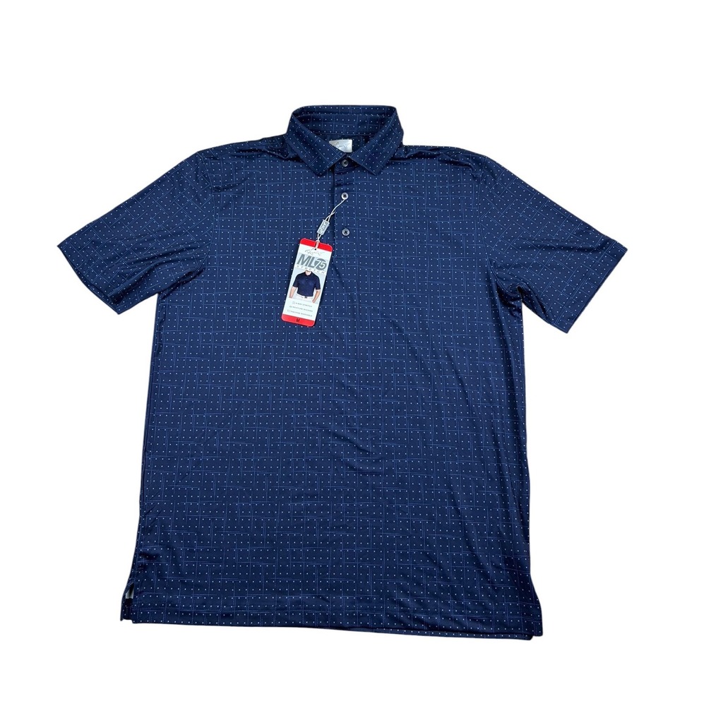 Greg Norman Mens ML75 Stretch Golf Polo Navy Blue Geometric Print Shirt L NEW